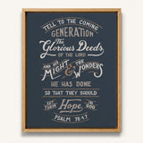 Psalm 78:4,7 Glorious Deeds hand-drawn by Scripture Type framed canvas #color_navy