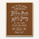 Psalm 78:4,7 Glorious Deeds hand-drawn by Scripture Type framed canvas #color_terracotta