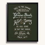 Psalm 78:4,7 Glorious Deeds hand-drawn verse framed art print by Scripture Type #color_forest