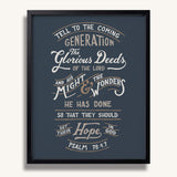 Psalm 78:4,7 Glorious Deeds hand-drawn verse framed art print by Scripture Type #color_navy