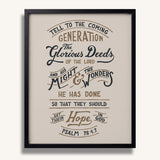 Psalm 78:4,7 Glorious Deeds hand-drawn verse framed art print by Scripture Type #color_stone