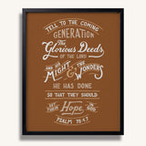 Psalm 78:4,7 Glorious Deeds hand-drawn verse framed art print by Scripture Type #color_terracotta