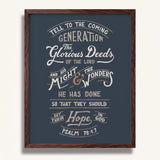 Psalm 78:4,7 Glorious Deeds hand-drawn verse framed art print by Scripture Type #color_navy