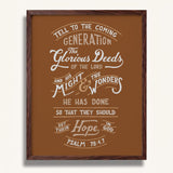 Psalm 78:4,7 Glorious Deeds hand-drawn verse framed art print by Scripture Type #color_terracotta