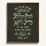 Psalm 78:4,7 Glorious Deeds hand-drawn verse framed art print by Scripture Type #color_forest