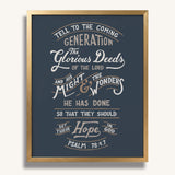 Psalm 78:4,7 Glorious Deeds hand-drawn verse framed art print by Scripture Type #color_navy