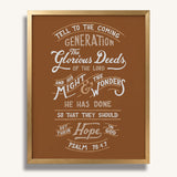 Psalm 78:4,7 Glorious Deeds hand-drawn verse framed art print by Scripture Type #color_terracotta