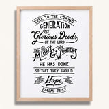Psalm 78:4,7 Glorious Deeds hand-drawn verse framed art print by Scripture Type #color_black & white