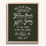 Psalm 78:4,7 Glorious Deeds hand-drawn verse framed art print by Scripture Type #color_forest