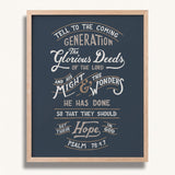 Psalm 78:4,7 Glorious Deeds hand-drawn verse framed art print by Scripture Type #color_navy