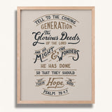 Psalm 78:4,7 Glorious Deeds hand-drawn verse framed art print by Scripture Type #color_stone