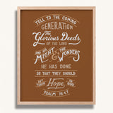 Psalm 78:4,7 Glorious Deeds hand-drawn verse framed art print by Scripture Type #color_terracotta