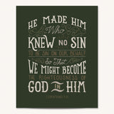 2 Corinthians 5:21  Knew No Sin framed art print by Scripture Type  #color_forest
