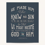 2 Corinthians 5:21  Knew No Sin framed art print by Scripture Type  #color_navy
