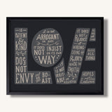 1 Corinthians 13:4-7 Love framed Scripture art print hand-drawn by Scripture Type #color_charcoal