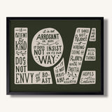 1 Corinthians 13:4-7 Love framed Scripture art print hand-drawn by Scripture Type #color_forest