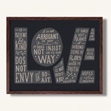 1 Corinthians 13:4-7 Love framed Scripture art print hand-drawn by Scripture Type #color_charcoal