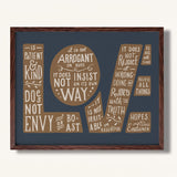 1 Corinthians 13:4-7 Love framed Scripture art print hand-drawn by Scripture Type #color_navy