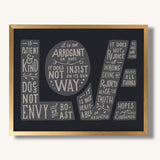 1 Corinthians 13:4-7 Love framed Scripture art print hand-drawn by Scripture Type #color_charcoal