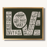 1 Corinthians 13:4-7 Love framed Scripture art print hand-drawn by Scripture Type #color_forest