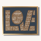 1 Corinthians 13:4-7 Love framed Scripture art print hand-drawn by Scripture Type #color_navy