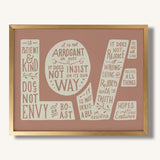 1 Corinthians 13:4-7 Love framed Scripture art print hand-drawn by Scripture Type #color_rose
