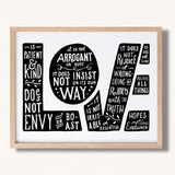 1 Corinthians 13:4-7 Love framed Scripture art print hand-drawn by Scripture Type #color_black & white