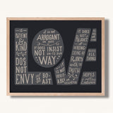 1 Corinthians 13:4-7 Love framed Scripture art print hand-drawn by Scripture Type #color_charcoal