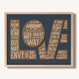 1 Corinthians 13:4-7 Love framed Scripture art print hand-drawn by Scripture Type #color_navy