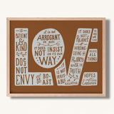 1 Corinthians 13:4-7 Love framed Scripture art print hand-drawn by Scripture Type #color_terracotta