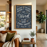 Isaiah 40:8 Stands Forever hand-drawn by Scripture Type framed canvas #color_navy