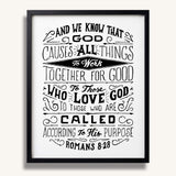 Romans 8:28 All Things For Good framed Christian wall art hand-drawn by Scripture Type #color_black & white