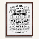 Romans 8:28 All Things For Good framed Christian wall art hand-drawn by Scripture Type #color_black & white