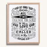 Romans 8:28 All Things For Good framed Christian wall art hand-drawn by Scripture Type #color_black & white