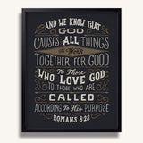 Romans 8:28 All Things For Good framed Christian wall art hand-drawn by Scripture Type #color_charcoal