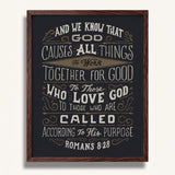Romans 8:28 All Things For Good framed Christian wall art hand-drawn by Scripture Type #color_charcoal
