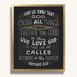 Romans 8:28 All Things For Good framed Christian wall art hand-drawn by Scripture Type #color_charcoal