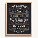Romans 8:28 All Things For Good framed Christian wall art hand-drawn by Scripture Type #color_charcoal
