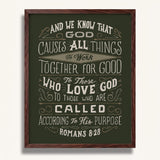 Romans 8:28 All Things For Good framed Christian wall art hand-drawn by Scripture Type #color_forest
