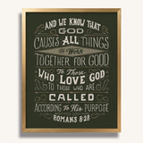 Romans 8:28 All Things For Good framed Christian wall art hand-drawn by Scripture Type #color_forest