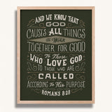 Romans 8:28 All Things For Good framed Christian wall art hand-drawn by Scripture Type #color_forest