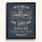 Romans 8:28 All Things For Good framed Christian wall art hand-drawn by Scripture Type #color_navy