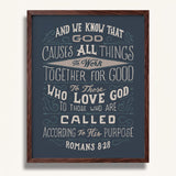 Romans 8:28 All Things For Good framed Christian wall art hand-drawn by Scripture Type #color_navy