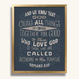 Romans 8:28 All Things For Good framed Christian wall art hand-drawn by Scripture Type #color_navy