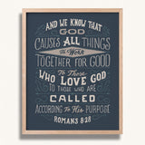 Romans 8:28 All Things For Good framed Christian wall art hand-drawn by Scripture Type #color_navy