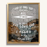 Romans 8:28 All Things For Good framed Christian wall art hand-drawn by Scripture Type #color_photo