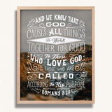 Romans 8:28 All Things For Good framed Christian wall art hand-drawn by Scripture Type #color_photo