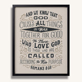 Romans 8:28 All Things For Good framed Christian wall art hand-drawn by Scripture Type #color_stone