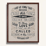 Romans 8:28 All Things For Good framed Christian wall art hand-drawn by Scripture Type #color_stone