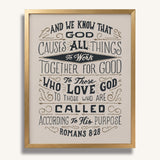 Romans 8:28 All Things For Good framed Christian wall art hand-drawn by Scripture Type #color_stone
